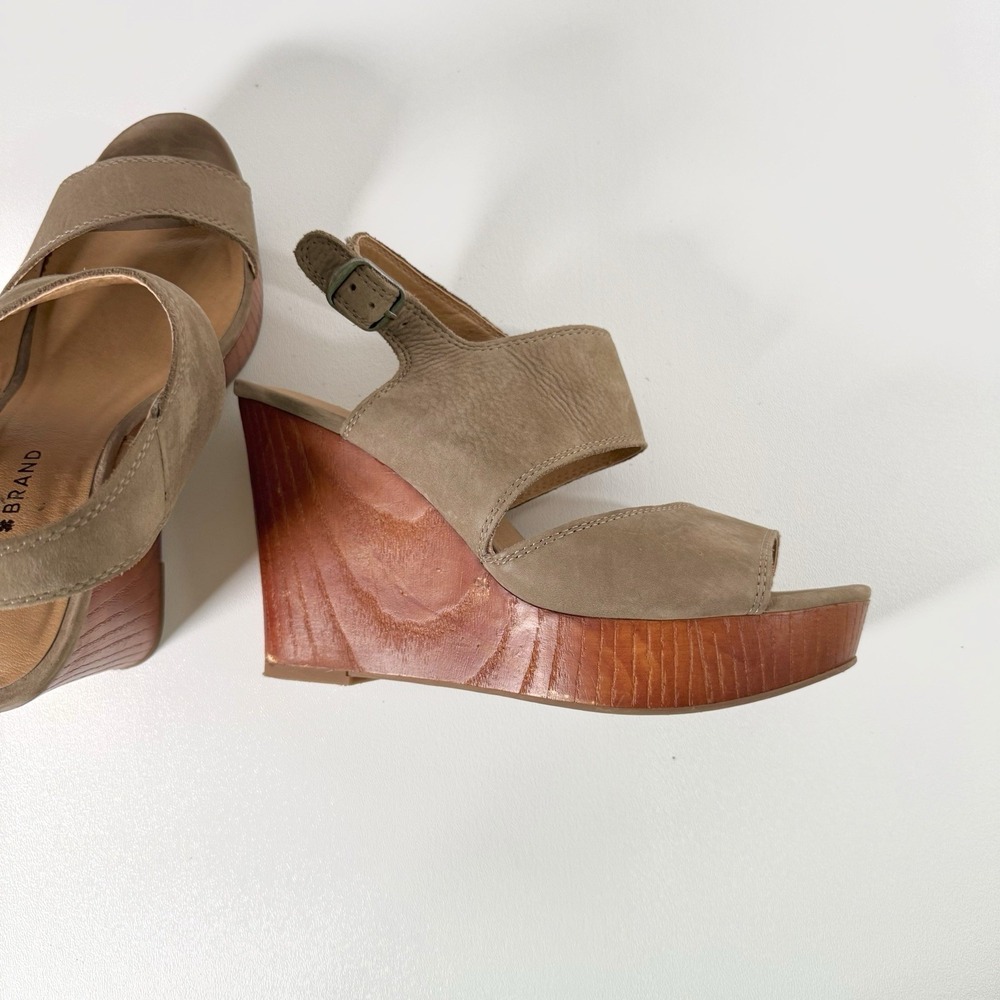 Lucky Brand Lattela Platform Sandal Wooden Wedge Heel Cut Out Taupe Women's 9.5M - Picture 8 of 10